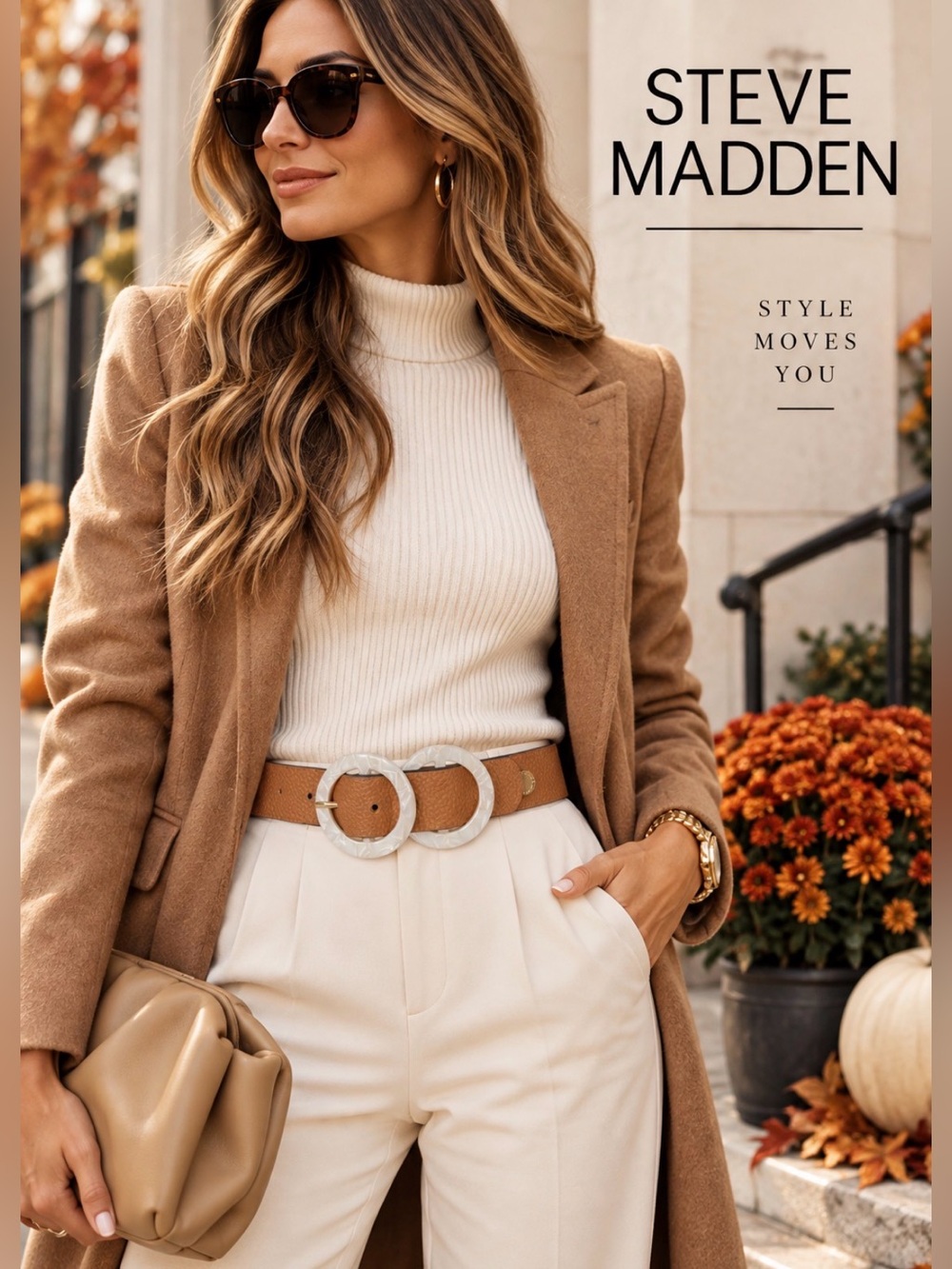 Steve Madden Tan Double Round Buckle Vegan Leather Belt M 32–36